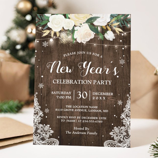 Rustic Floral String Lights New Year's Party Invitation (Creator Uploaded)