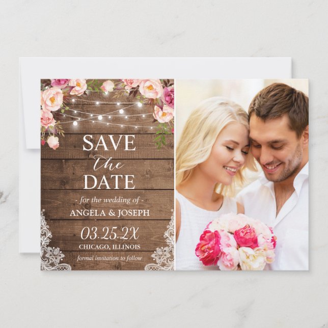 Rustic Floral String Lights Photo Save the Date (Front)