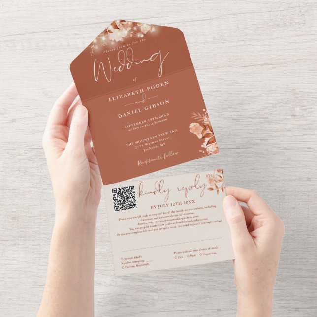 Rustic Floral String Lights QR Code Fall Wedding All In One Invitation (Tearaway)