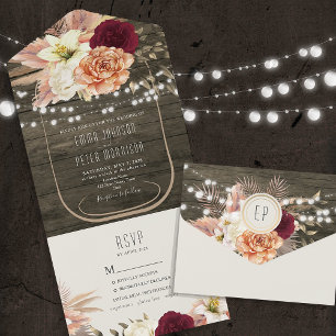 Rustic Floral String Lights Wedding All In One Invitation