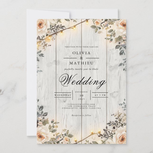 Rustic Floral String Lights Wedding Invitation (Front)