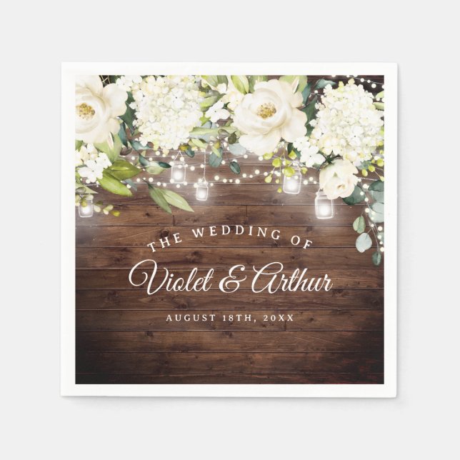 Rustic Floral String Lights Wedding Napkin (Front)