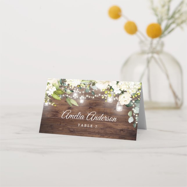 Rustic Floral String Lights Wedding Place Card (Front)