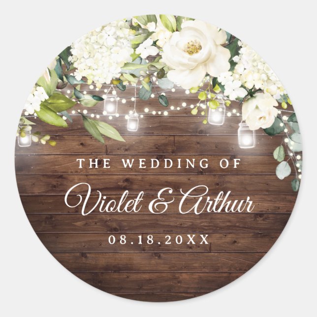 Rustic Floral String Lights Wedding Sticker (Front)