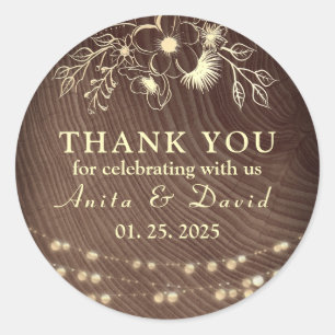 Rustic Floral String Lights Wedding Thank You Classic Round Sticker