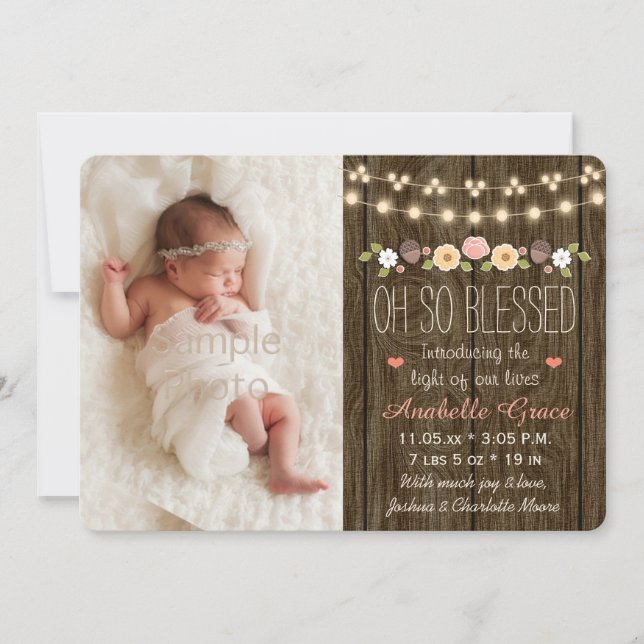 Rustic Floral String of Lights Birth Announcements (Front)