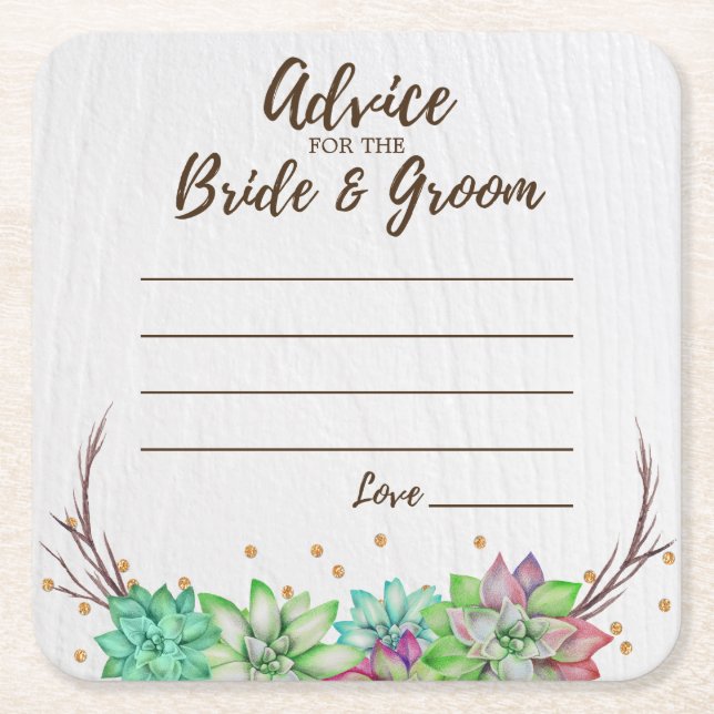 Rustic Floral Succulent Advice for Bride & Groom Square Paper Coaster (Front)