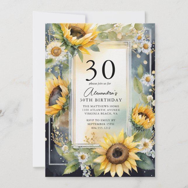 Rustic Floral Sunflower Script 30th Birthday  Invitation (Front)
