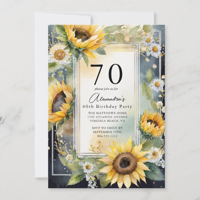 Rustic Floral Sunflower Script 70th Birthday Party Invitation (Front)