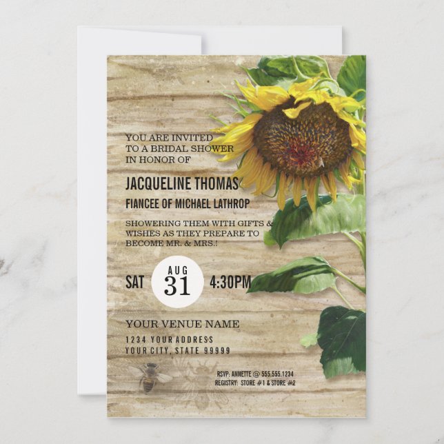 Rustic Floral Sunflower Wood Bees Bridal Shower Invitation (Front)