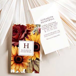 Rustic Floral Sunflowers Burgundy Monogram Business Card
