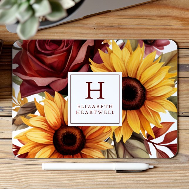 Rustic Floral Sunflowers Burgundy Monogram Mouse Mat (Creator Uploaded)