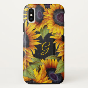 Rustic floral sunflowers yellow barn wood monogram iPhone XS case