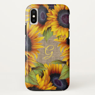 Rustic floral sunflowers yellow burlap monogram iPhone XS case