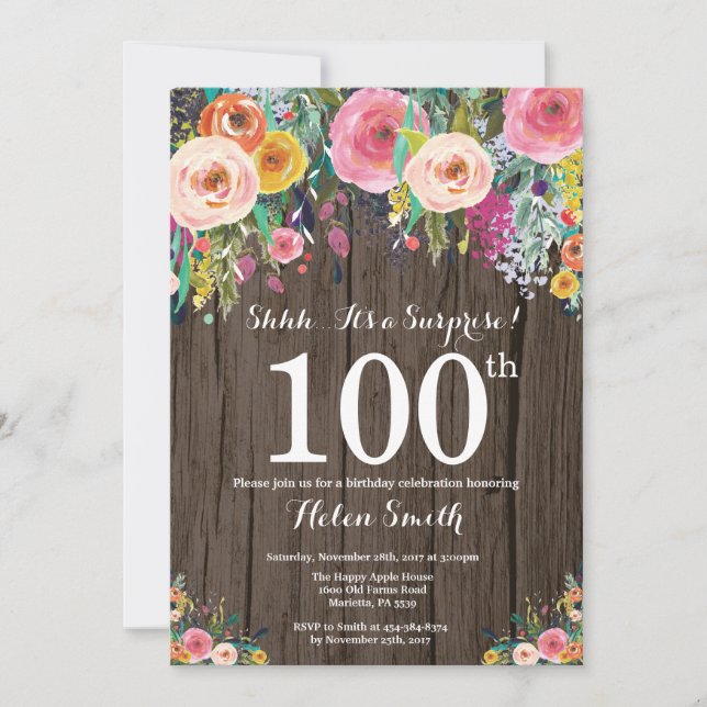 Rustic Floral Surprise 100th Birthday Invitation (Front)