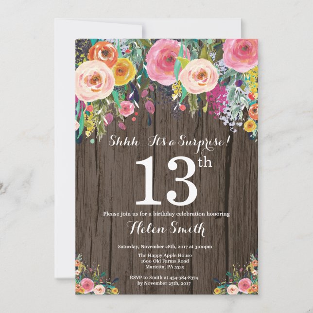 Rustic Floral Surprise 13th Birthday Invitation (Front)