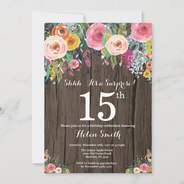 Rustic Floral Surprise 15th Birthday Invitation (Front)