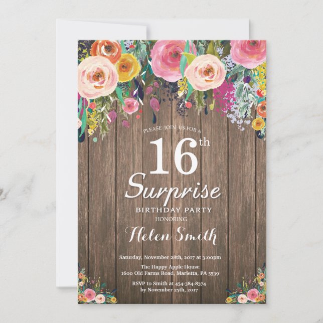 Rustic Floral Surprise 16th Birthday Invitation (Front)