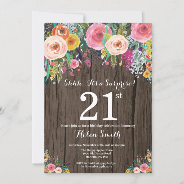 Rustic Floral Surprise 21st Birthday Invitation (Front)