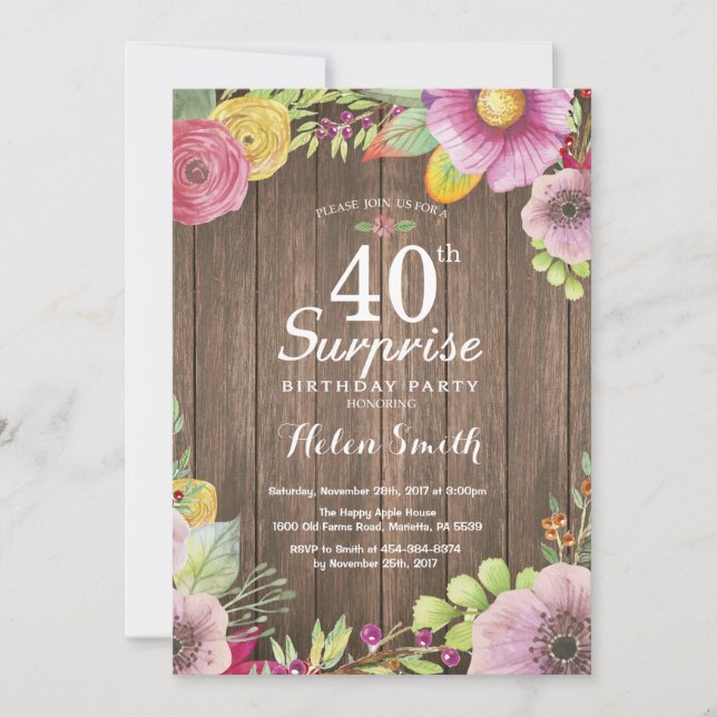 Rustic Floral Surprise 40th Birthday Invitation (Front)