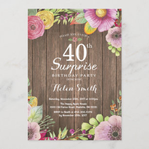 Rustic Floral Surprise 40th Birthday Invitation