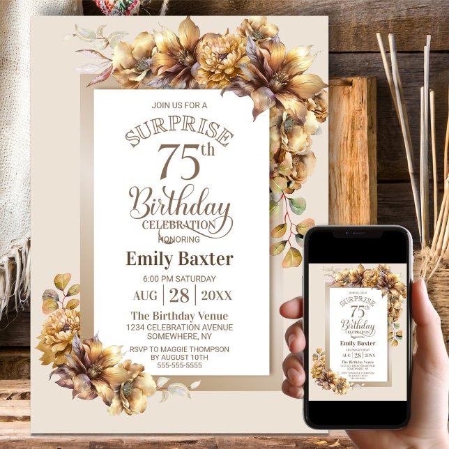 Rustic Floral Surprise 75th Birthday Party Invitation (Creator Uploaded)