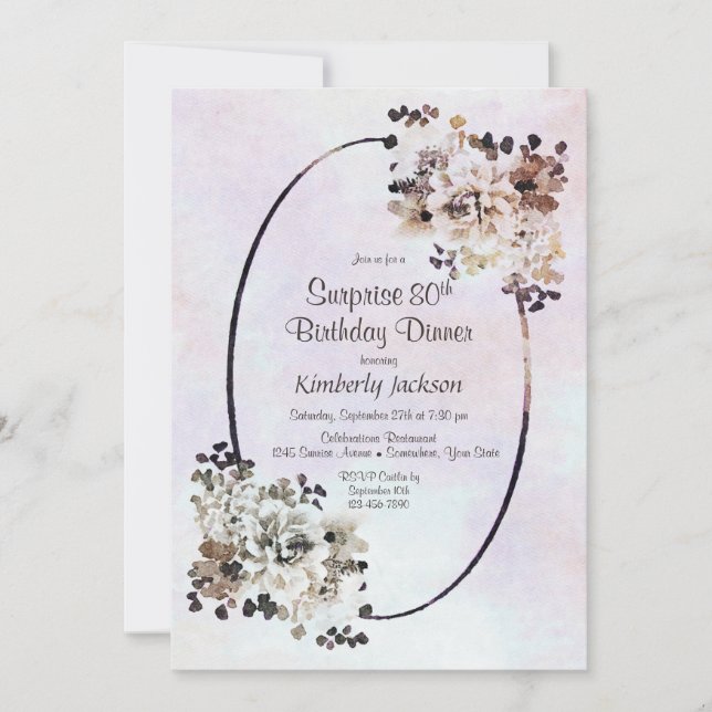 Rustic Floral Surprise 80th Birthday Dinner Invitation (Front)