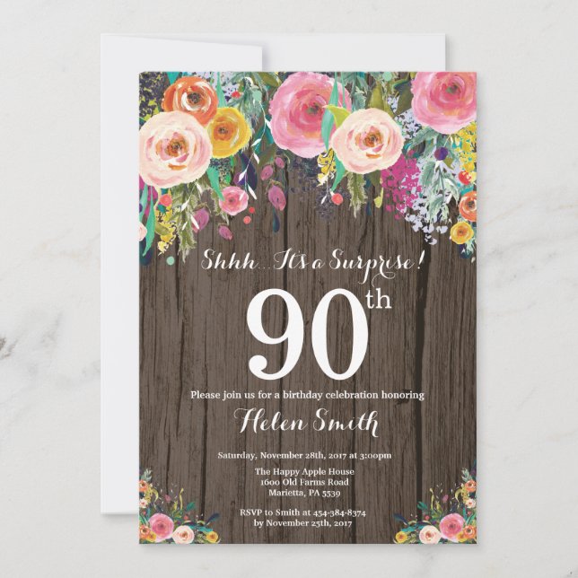Rustic Floral Surprise 90th Birthday Invitation (Front)