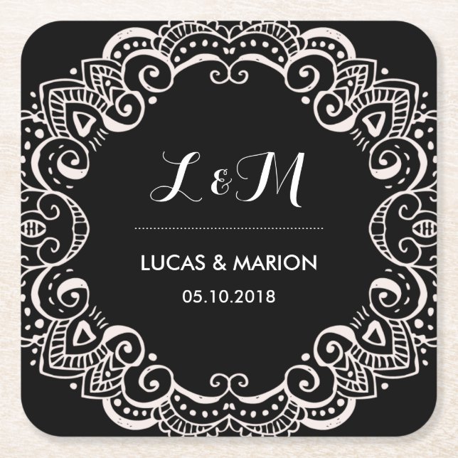 Rustic Floral Swirl Art Ornament Wedding Party Square Paper Coaster (Front)