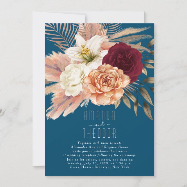 Rustic Floral Teal Wedding Reception Invitation (Front)