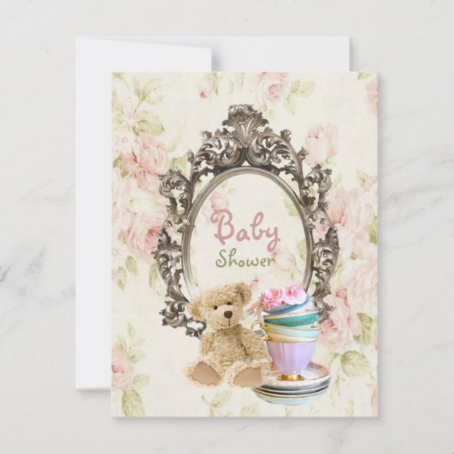 rustic floral teddy bear baby shower invitations (Front)