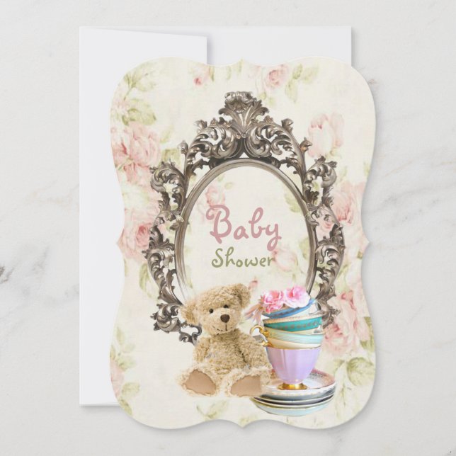 rustic floral teddy bear baby shower invitations (Front)