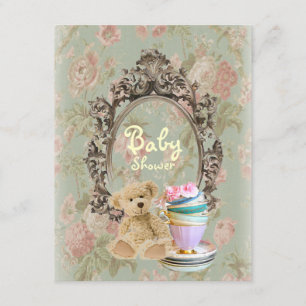 rustic floral teddy bear baby shower invitations