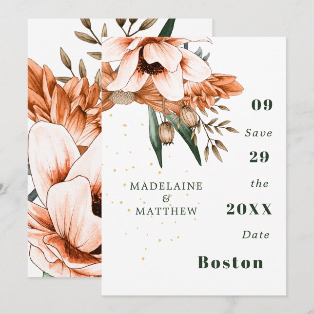 Rustic Floral Terracotta Gold Elegant Chic Save The Date (Front/Back)