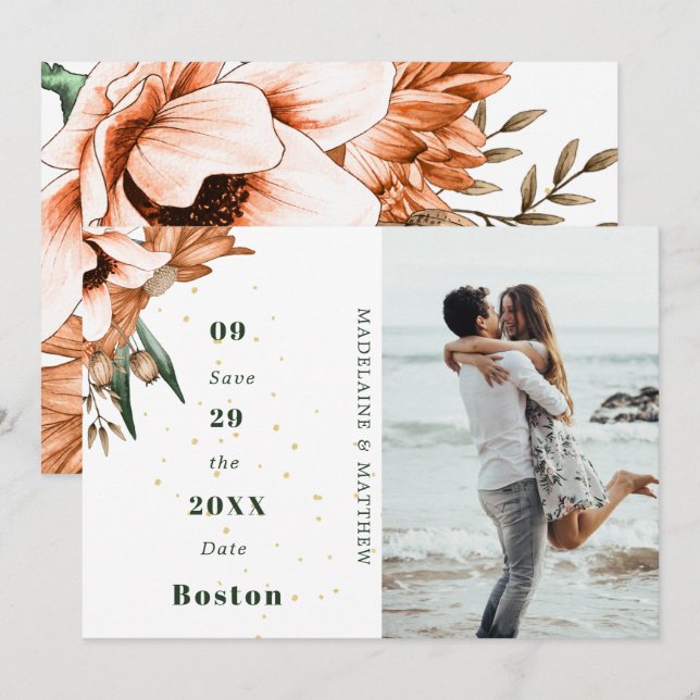 Rustic Floral Terracotta Photo  Gold  Elegant Chic Save The Date (Front/Back)