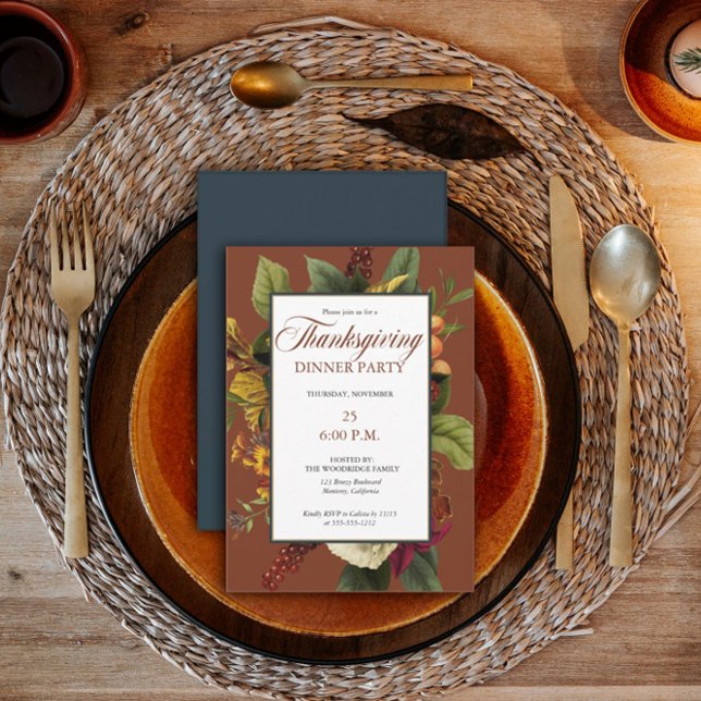 Rustic Floral Terracotta |Teal Thanksgiving Dinner Invitation (Creator Uploaded)