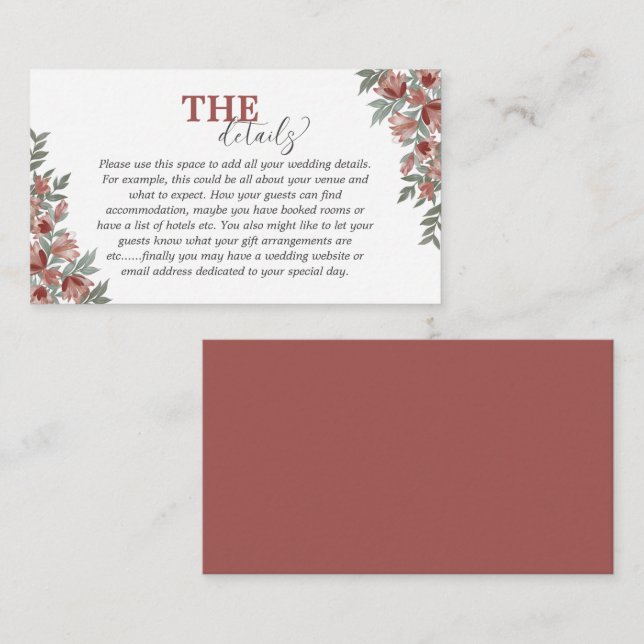 Rustic Floral Terracotta Wedding Details Enclosure Card (Front/Back)
