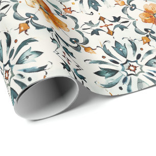 Rustic Floral Tile Wrapping Paper, Orange & Teal Paper