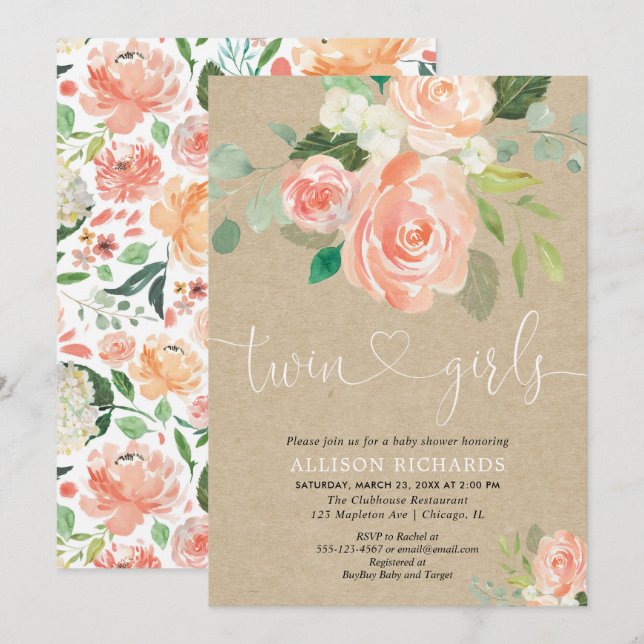 Rustic floral twin girls kraft baby shower invitation (Front/Back)