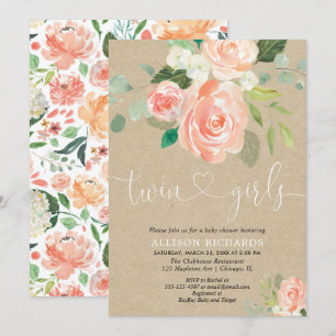 Rustic floral twin girls kraft baby shower invitation