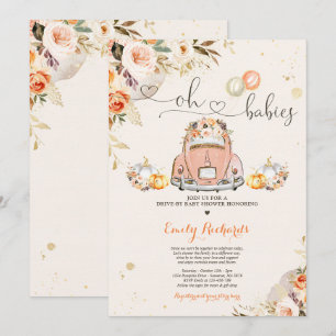 Rustic Floral Twin Pumpkin Drive By Baby Shower Invitation