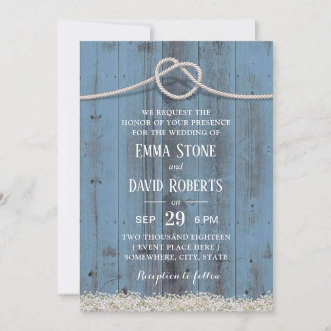 Rustic Floral Tying the Knot Dusty Blue Wedding Invitation (Front)