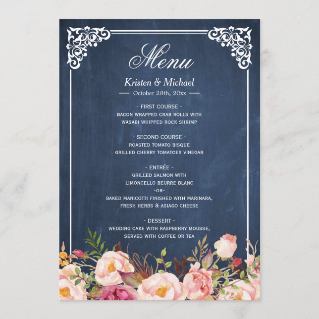 Rustic Floral Vintage Blue Chalkboard Wedding Menu (Front)
