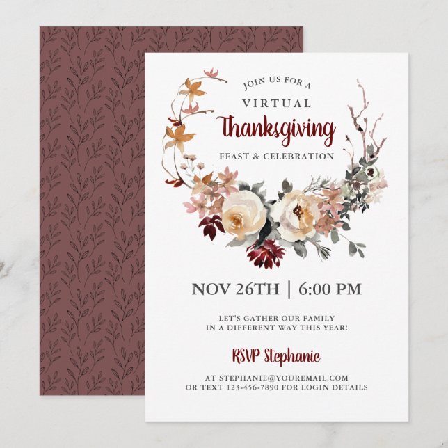 Rustic Floral Virtual Thanksgiving Dinner Invitation (Front/Back)