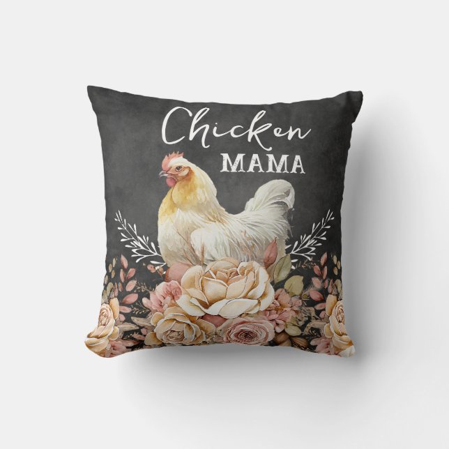 Rustic Floral Watercolor Chicken Mama Cushion (Front)