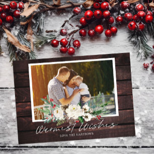 Rustic Floral Watercolor Family Christmas Photo Invitation