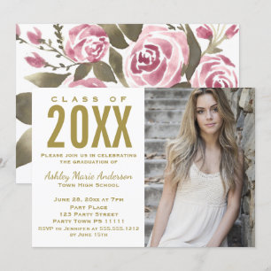 Rustic Floral Watercolor Graduation Party Photo Invitation