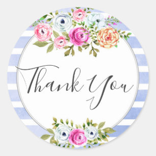 Rustic Floral Watercolor Modern Stripe Thank You Classic Round Sticker
