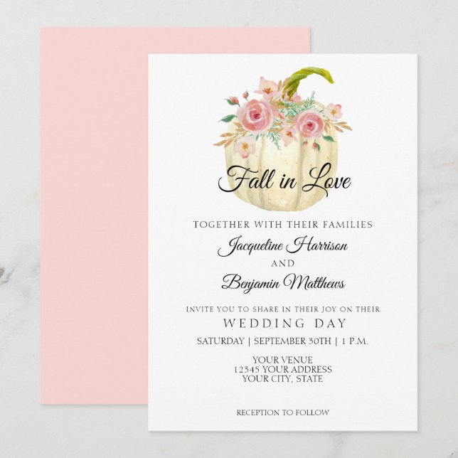 Rustic Floral Watercolor Pumpkin Blush Rose Gold Invitation (Front/Back)