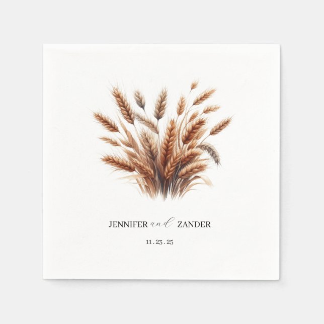 Rustic Floral Watercolor Wheat  Elegant Wedding Napkin (Front)